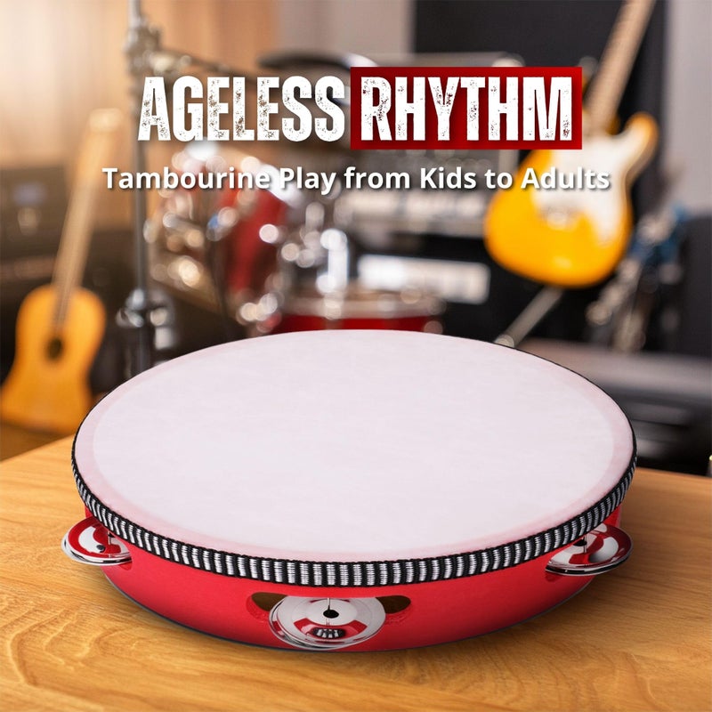 Flexzion Wooden Round Tambourine for Adults 10" Inch Single Row 8 Pair Jingles, Red Handheld Percussion Instrument for Beginner and Professional Tambourine Player - Image 4